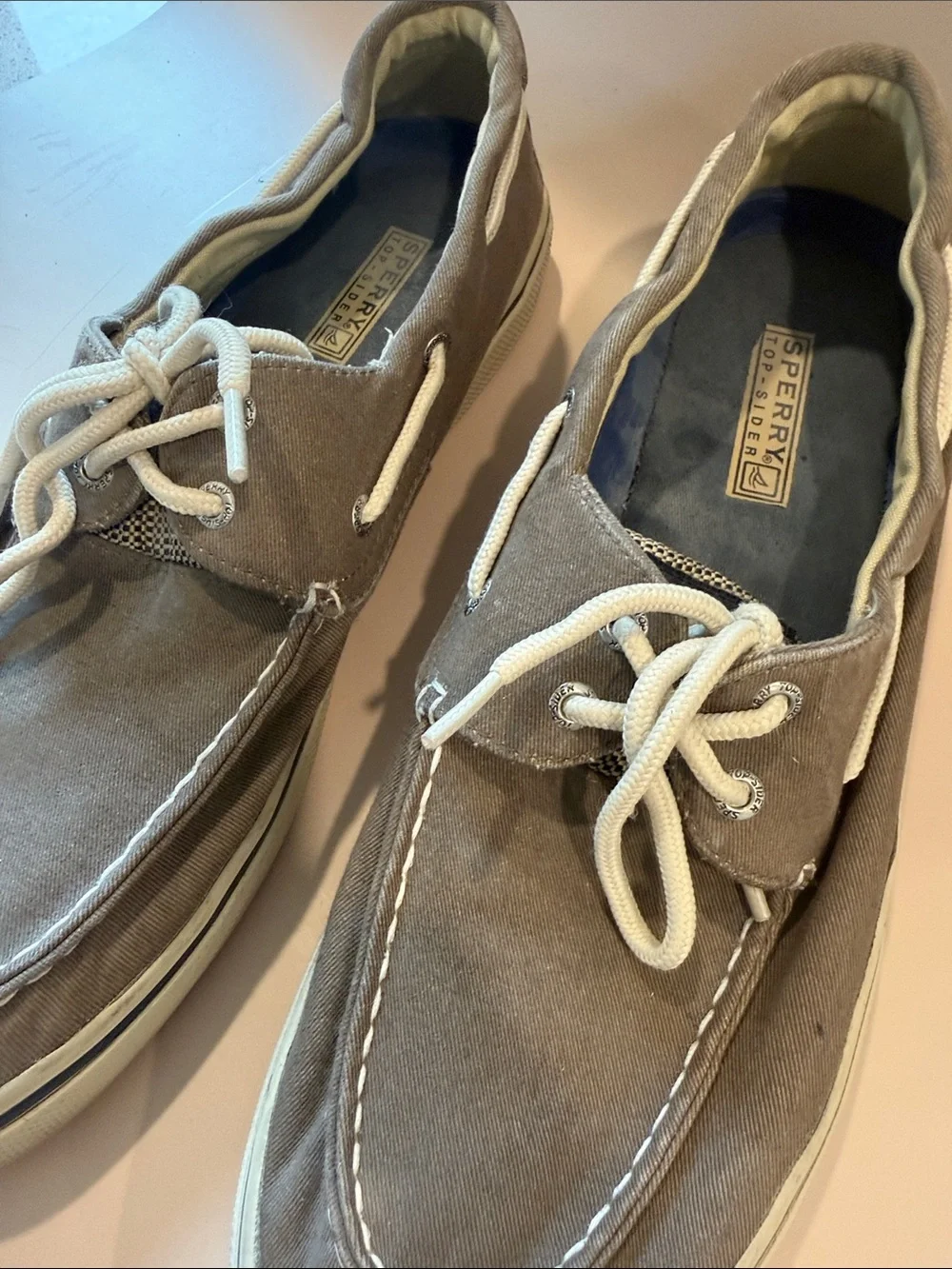 Sperry Taupe Canvas Boat Shoes with White Laces Size 12